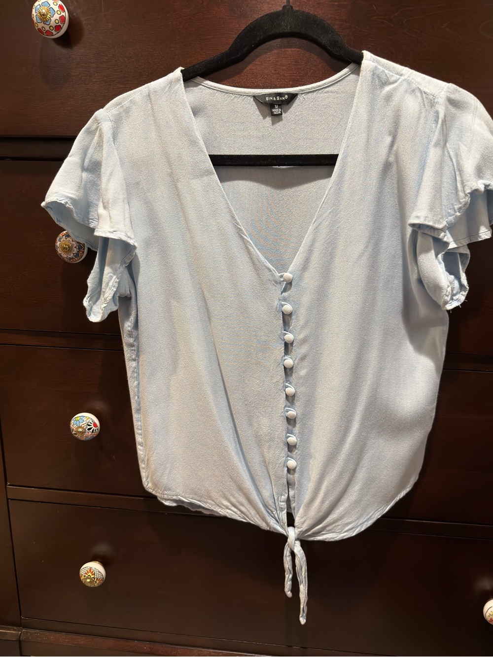 Light Blue Button-Front Tie-Hem Blouse